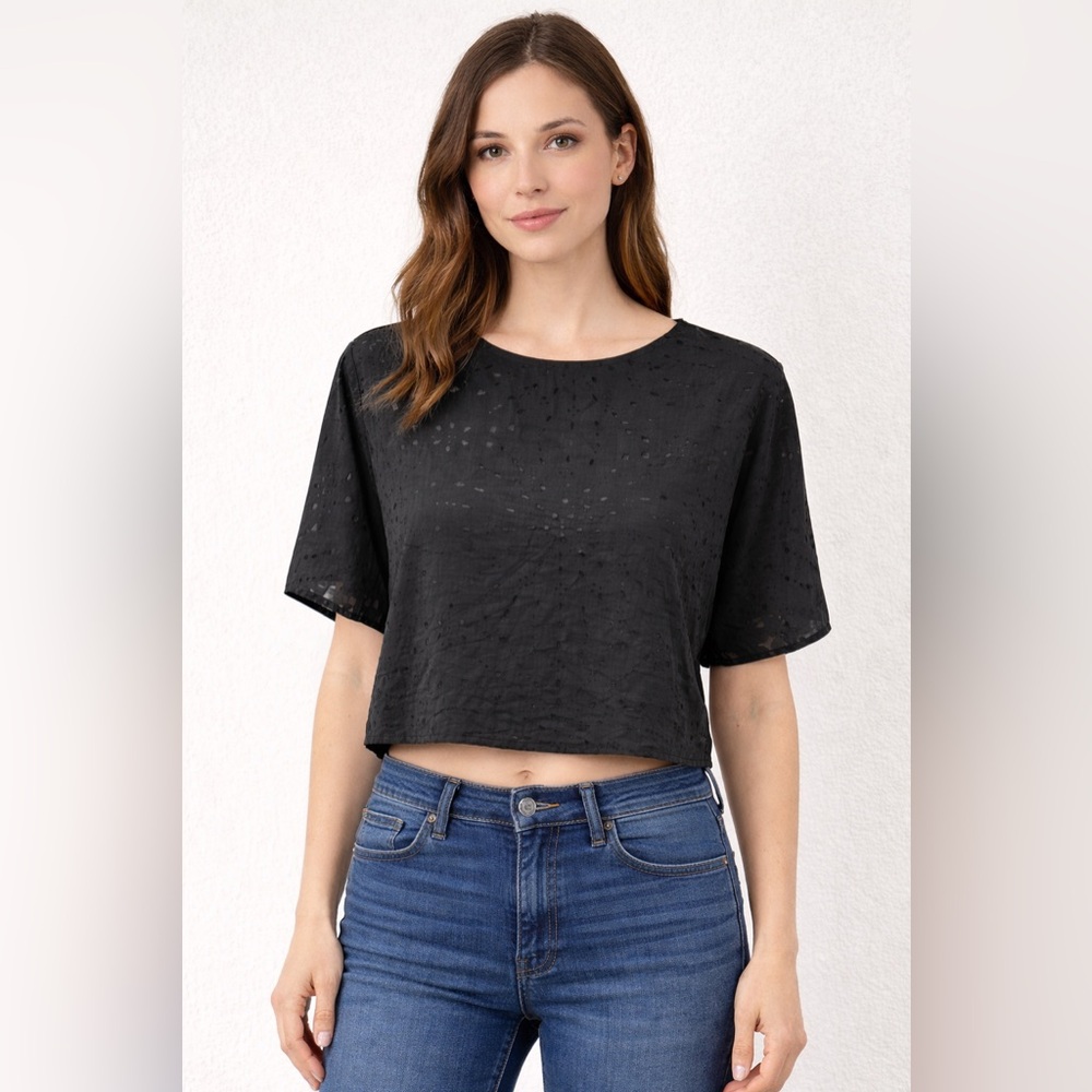 BCBGeneration Black Sheer Textured Cropped Blouse Modern Boxy Chic Top